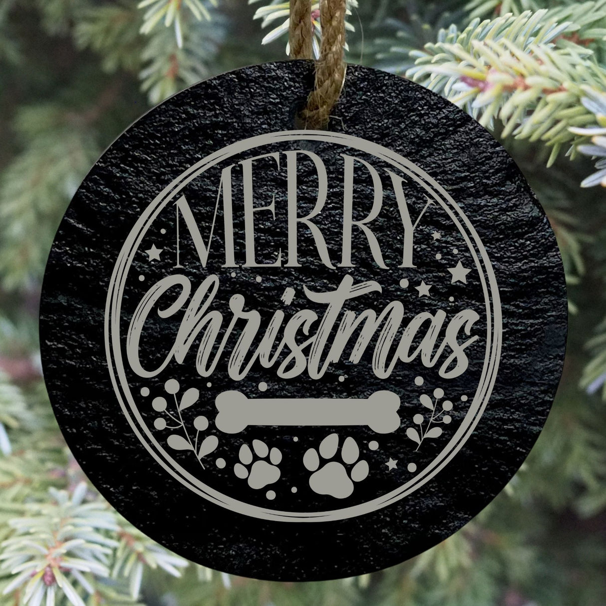 Merry Christmas Dog Bone 3” Round Slate Ornament - Pet Lover Decor