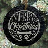 Merry Christmas Dog Bone 3” Round Slate Ornament - Pet Lover Decor