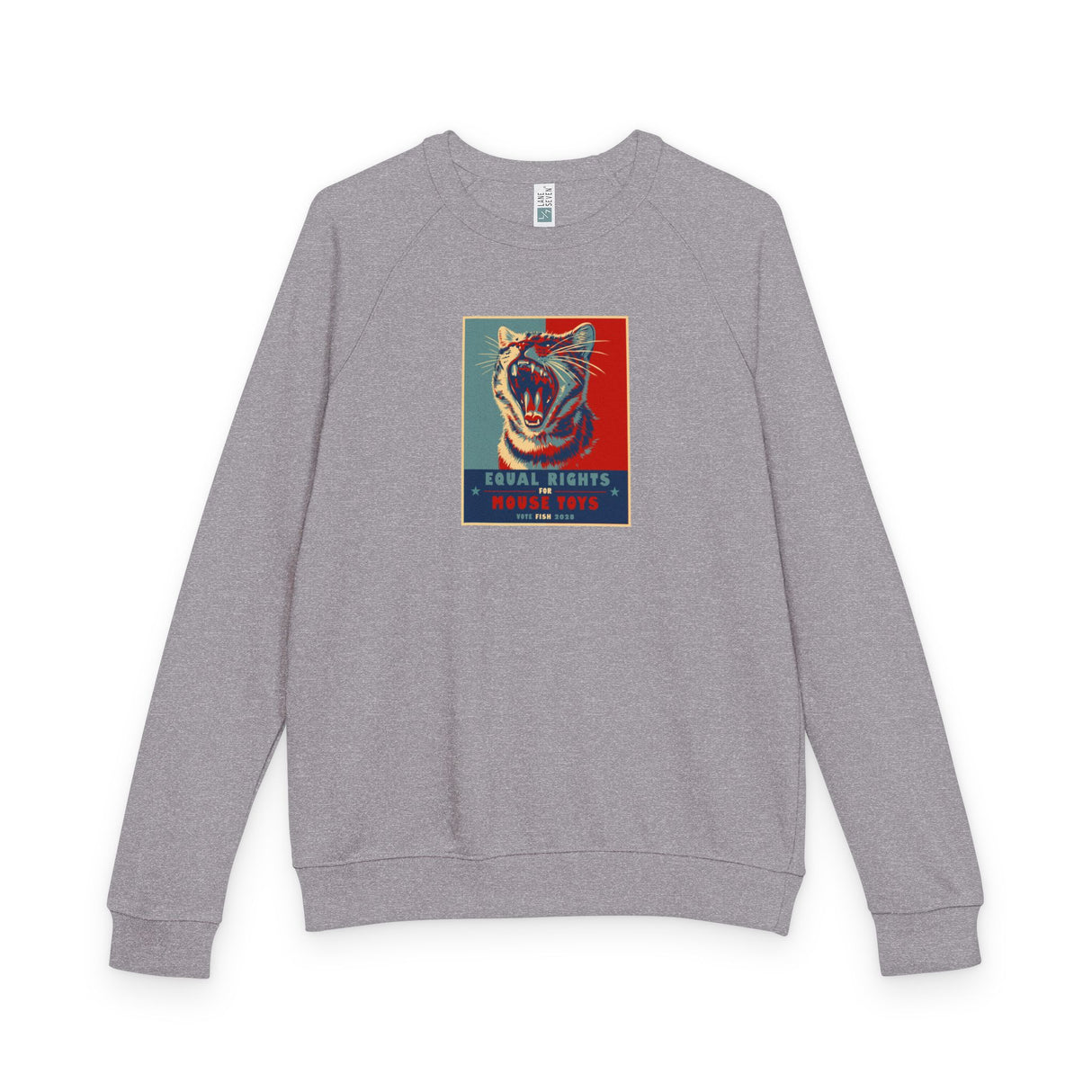 Vote Fish 2028 Raglan Crewneck — Funny 'Equal Rights for Mouse Toys' Flounder Design