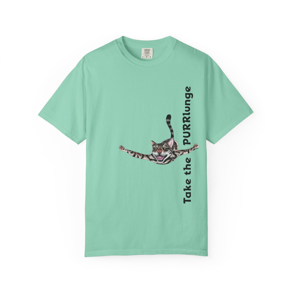 Purr-lunge Unisex T-shirt with Flounder the Purrmaid Design