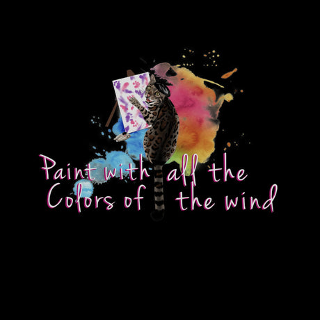 Flounder in a black beret painting at an easel, watercolor burst behind her, with the words Paint with all the Colors of the Wind