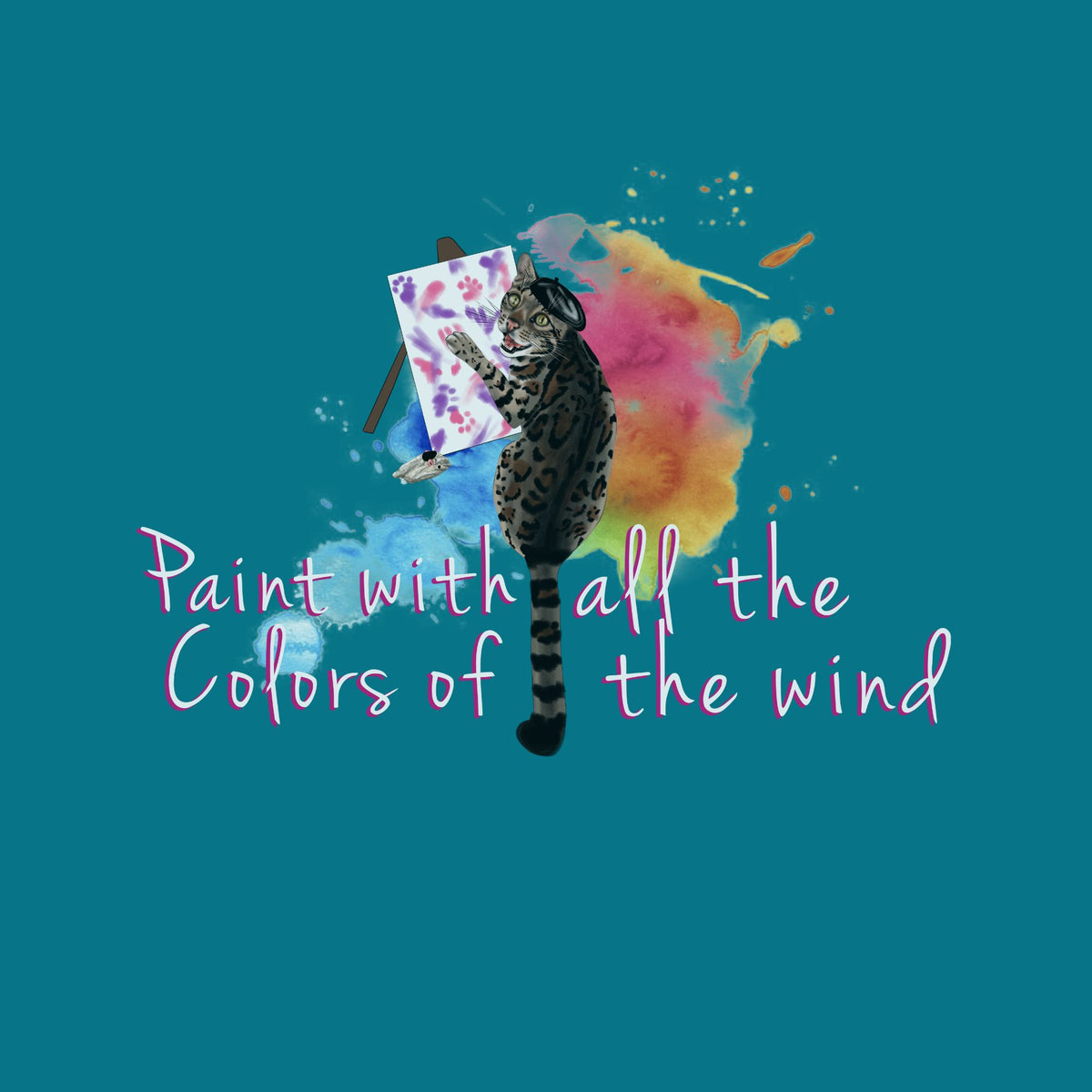 Close up of the design on the Kids Tee - “Paint With All The Colors Of The Wind” Flounder the Purrcasso Kids T-Shirt