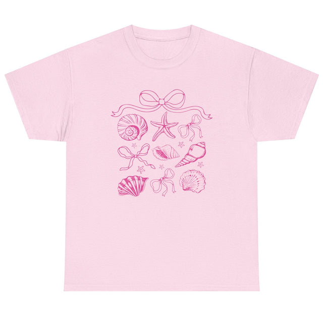 Pink coastal coquette shell cotton tee in light pink