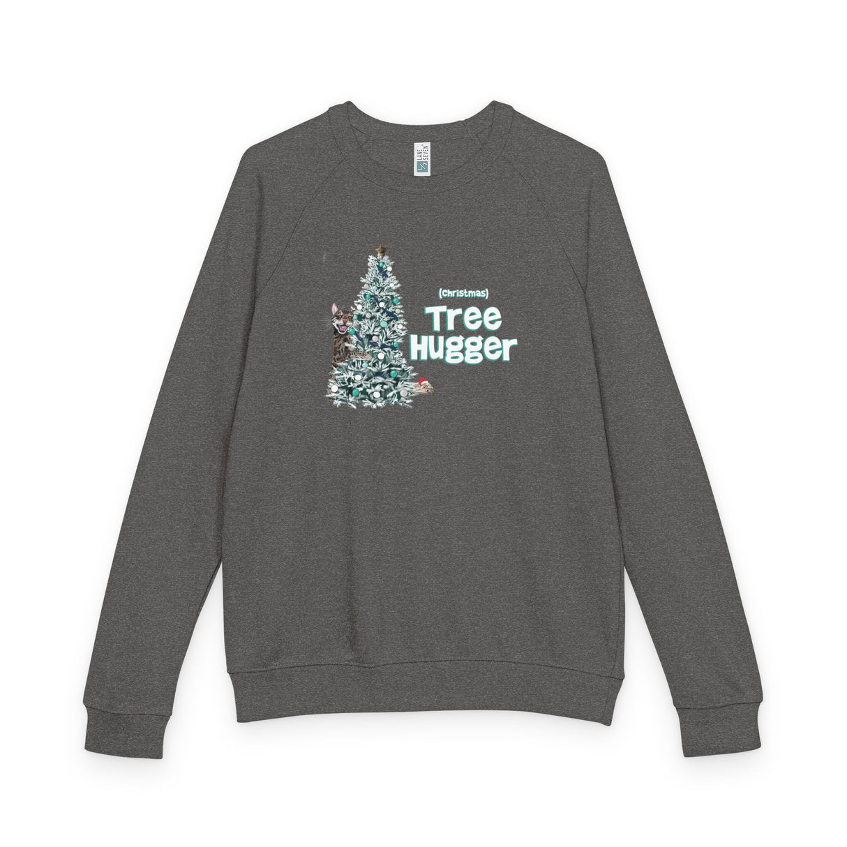 Raglan Crewneck Sweatshirt Christmas Tree Hugger Flounder the Purrmaid Design