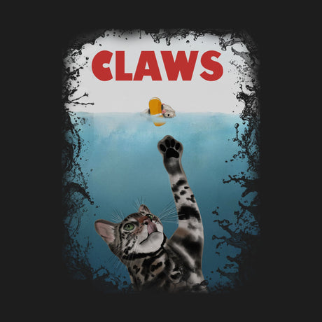 A graphic print or t-shirt design featuring a Bengal cat reaching up with its paw toward a small yellow toy floating on water, with the word 'CLAWS' in bold red letters at the top. The design is framed by a dark, splattered border on a black background.