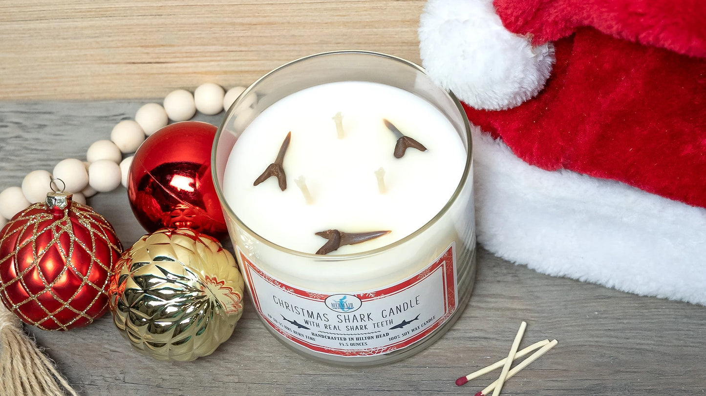 Christmas Shark Candle with Real Fossilized Shark Teeth