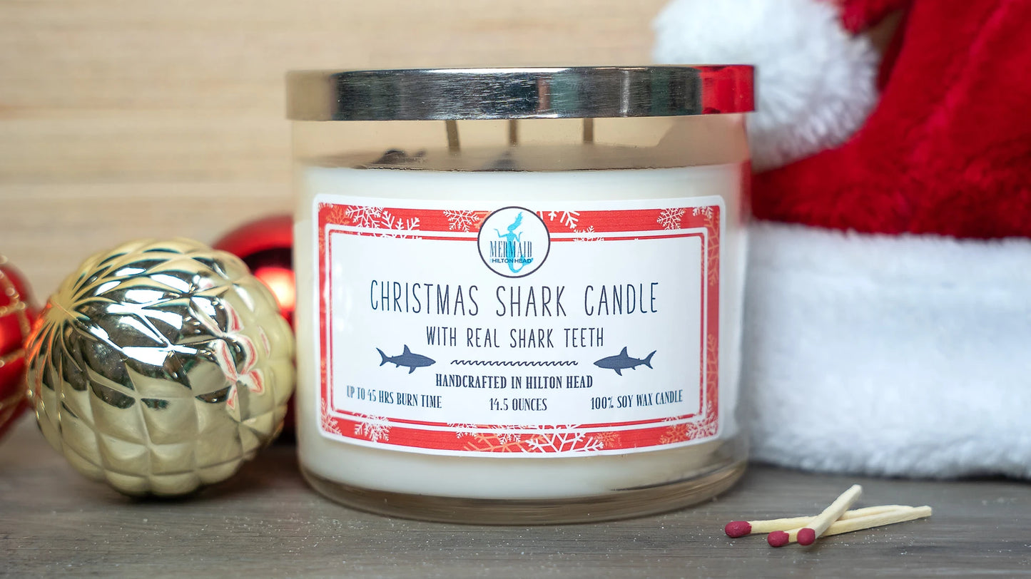 Christmas Shark Candle with Real Fossilized Shark Teeth