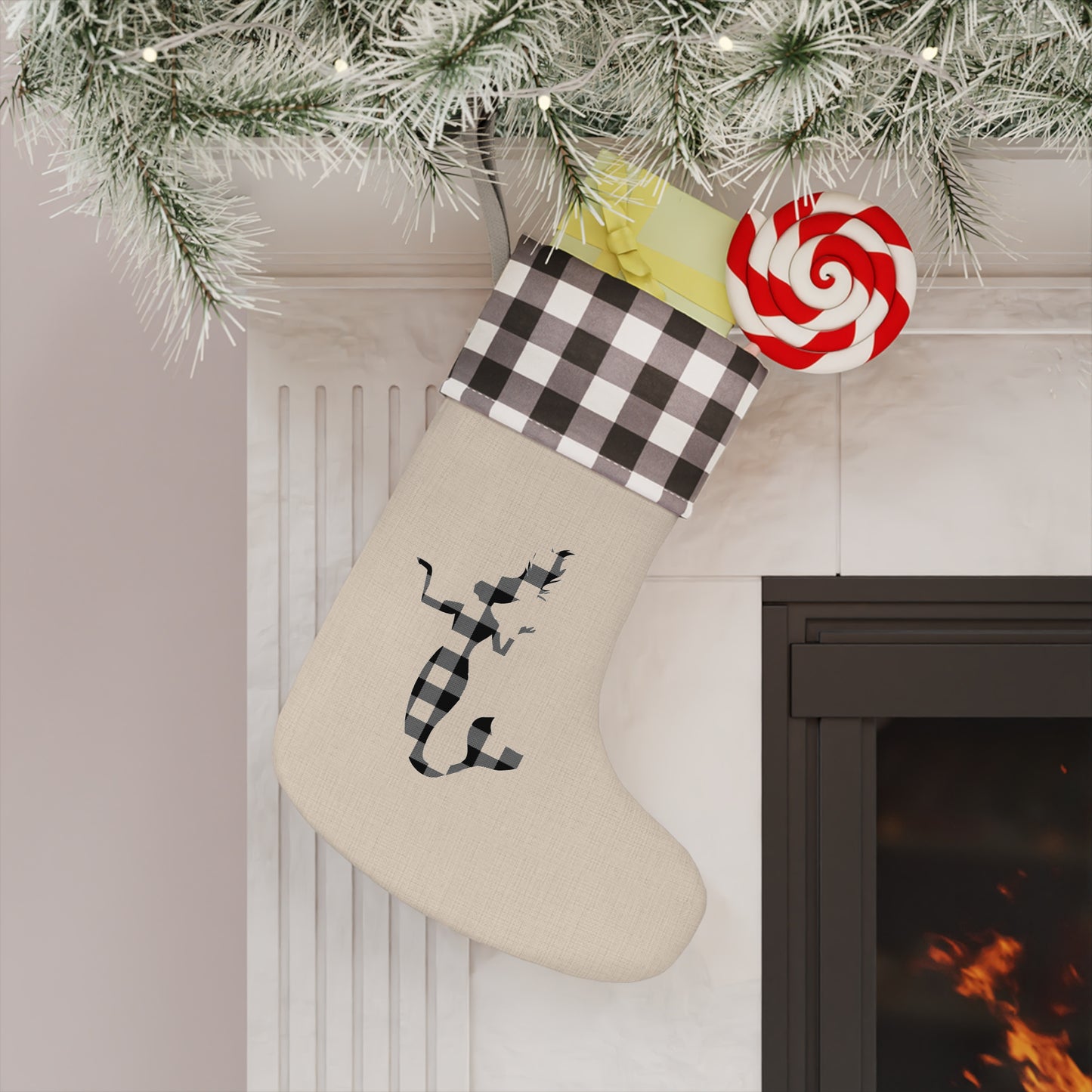 White & Black Mermaid Christmas Stocking – Festive Burlap Decor