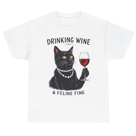 Black cat drinking wine Feline Fine cotton tee in white