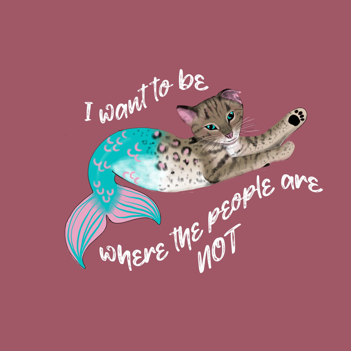 Close up of the design on the Mermaid Cat Purrmaid 'I Want to Be Where the People Are Not' Comfort Colors T-Shirt