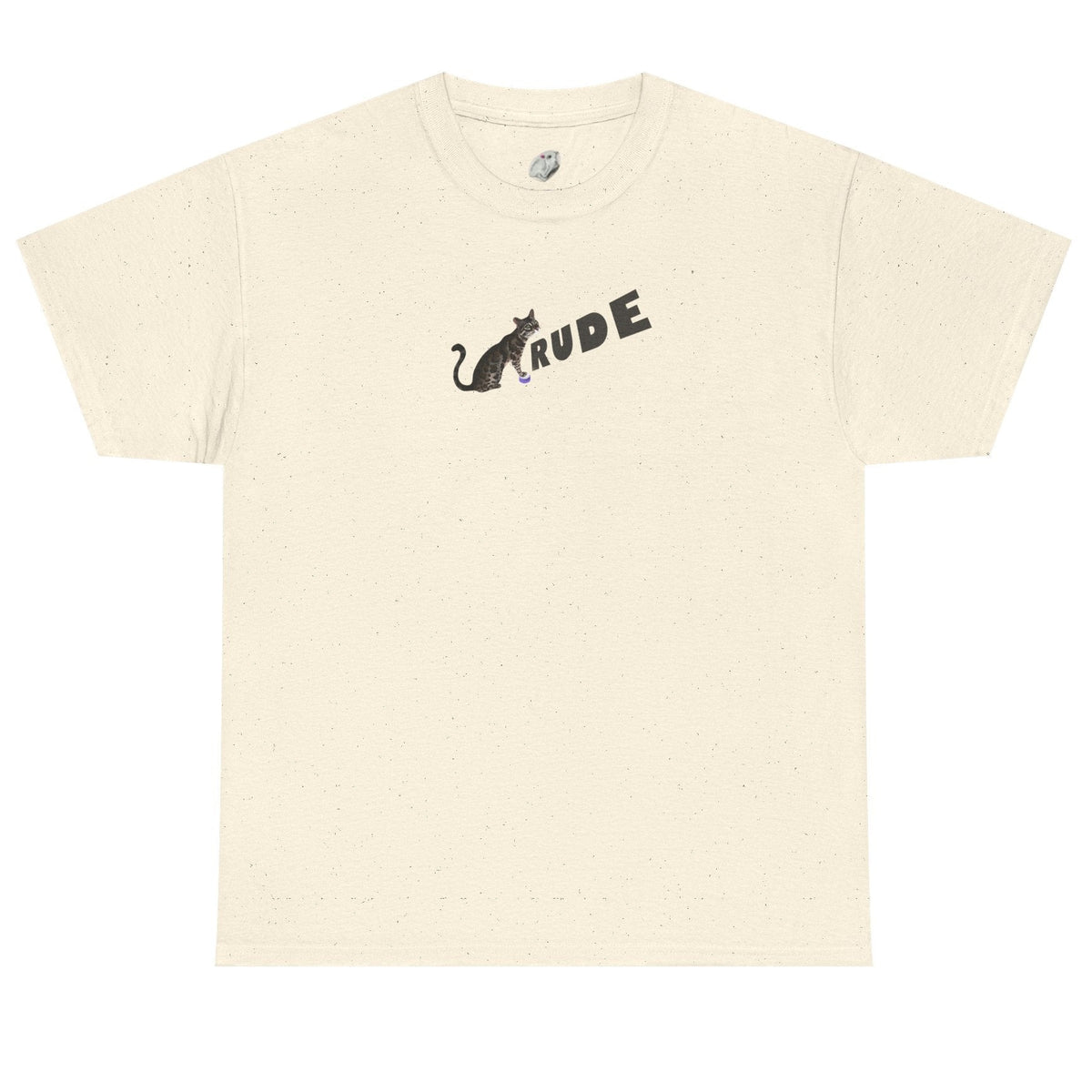 Flounder 'RUDE' Button Tee - Flounder the Eye-Rolling Cat T-Shirt, shown in Natural