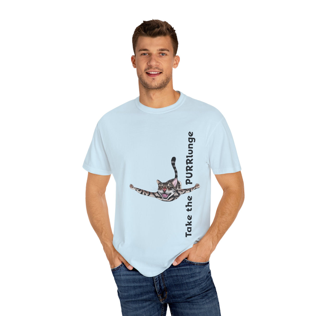 Purr-lunge Unisex T-shirt with Flounder the Purrmaid Design
