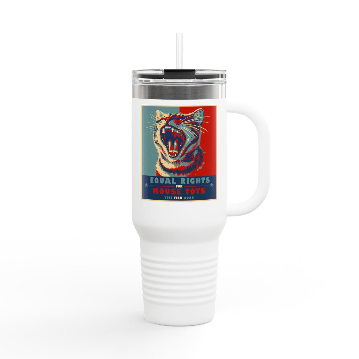 Insulated Travel Mug — "Vote Fish 2028" Funny Political Campaign Design Featuring Flounder the Purrmaid