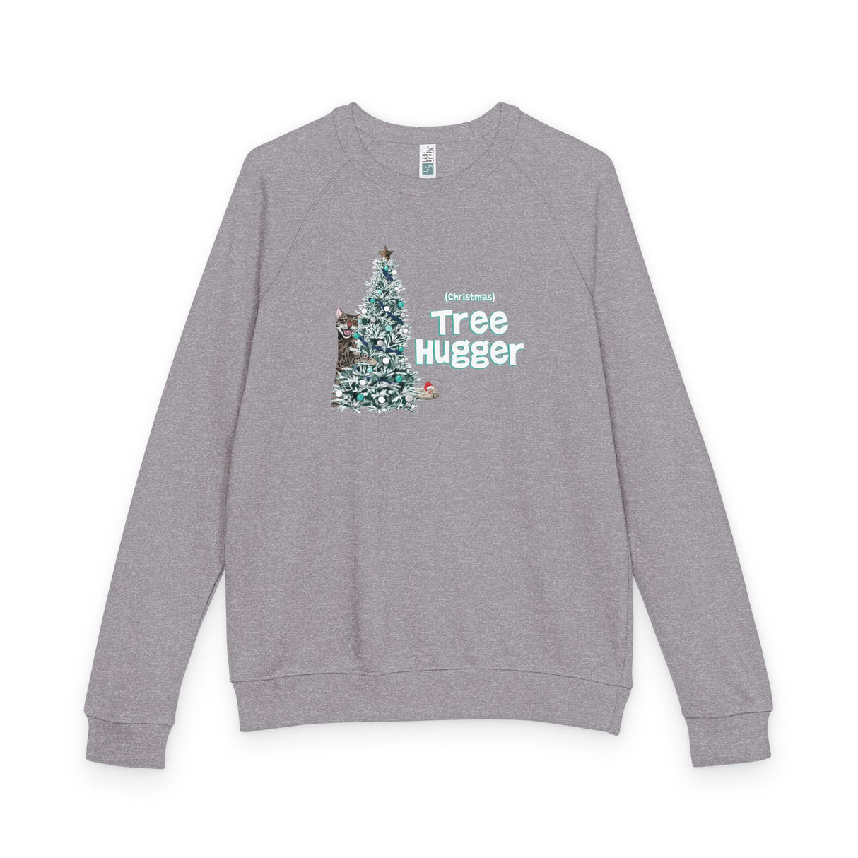Raglan Crewneck Sweatshirt Christmas Tree Hugger Flounder the Purrmaid Design