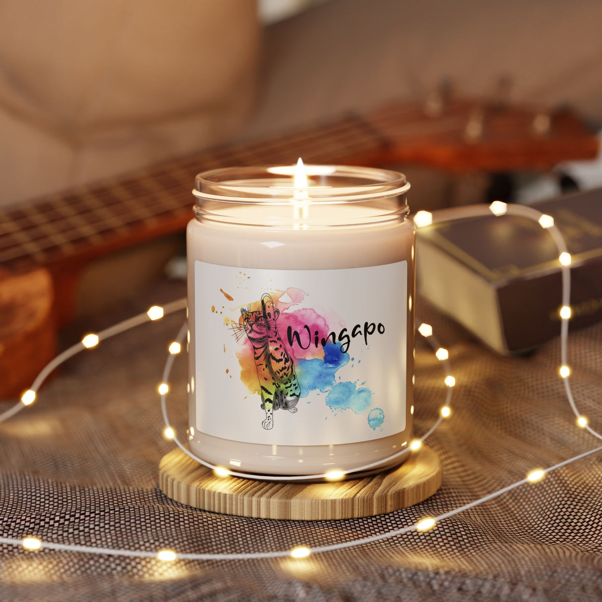 Scented Soy Candle, 9oz Wingapo Watercolor Design Featuring Flounder the Purrmaid