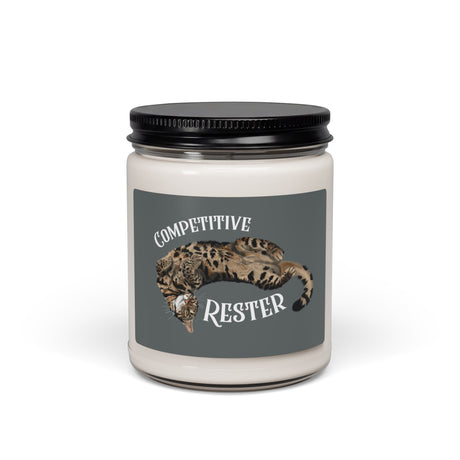 Competitive Rester scented soy candle, 9 oz glass jar with the hand drawn Competitive Rester design by Nina Leipold