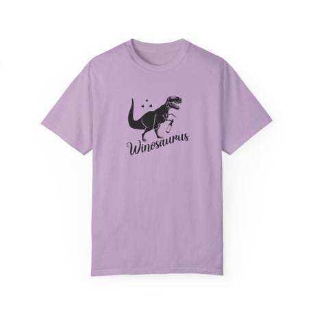 Wineosaurus t-shirt in orchid with a T-rex holding a wine glass