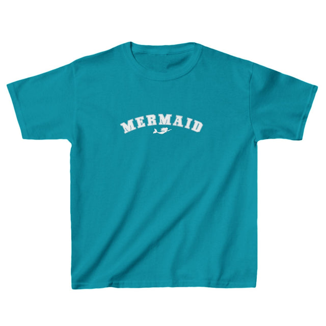 Mermaid collegiate lettering kids tee in tropical blue