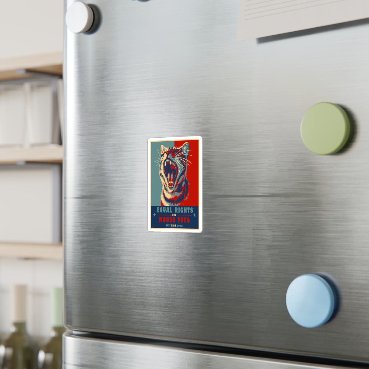 Vote Fish 2028 Kiss-Cut Vinyl Decal — Flounder the Purrmaid “Equal Rights for Mouse Toys” Campaign Sticker