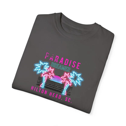 Garment-Dyed T-shirt: Retro Palm Tree Lights 'Paradise Dreamer - Hilton Head'