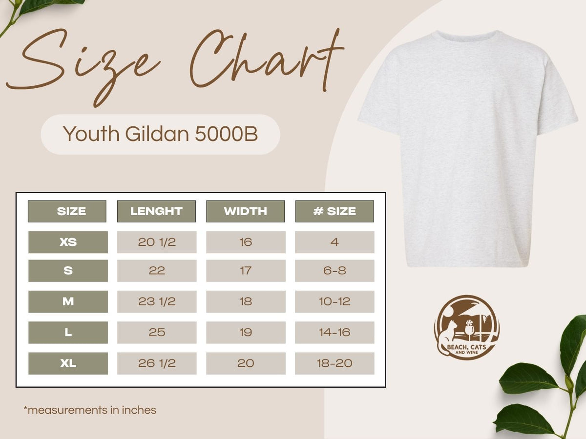 Gildan 5000B youth heavy cotton tee size chart, body length and chest width by size