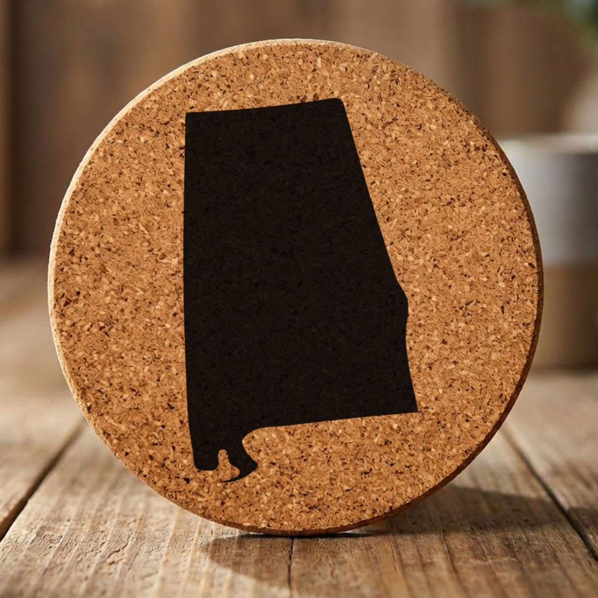 Alabama round cork coaster with the full state shape engraved