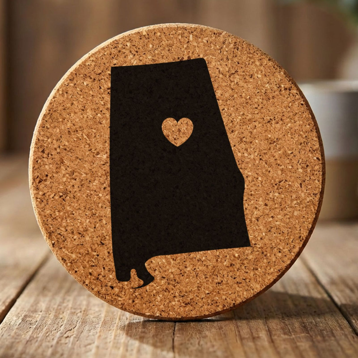 Alabama round cork coaster engraved with the state shape and a heart