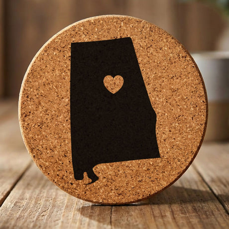 Alabama round cork coaster engraved with the state shape and a heart