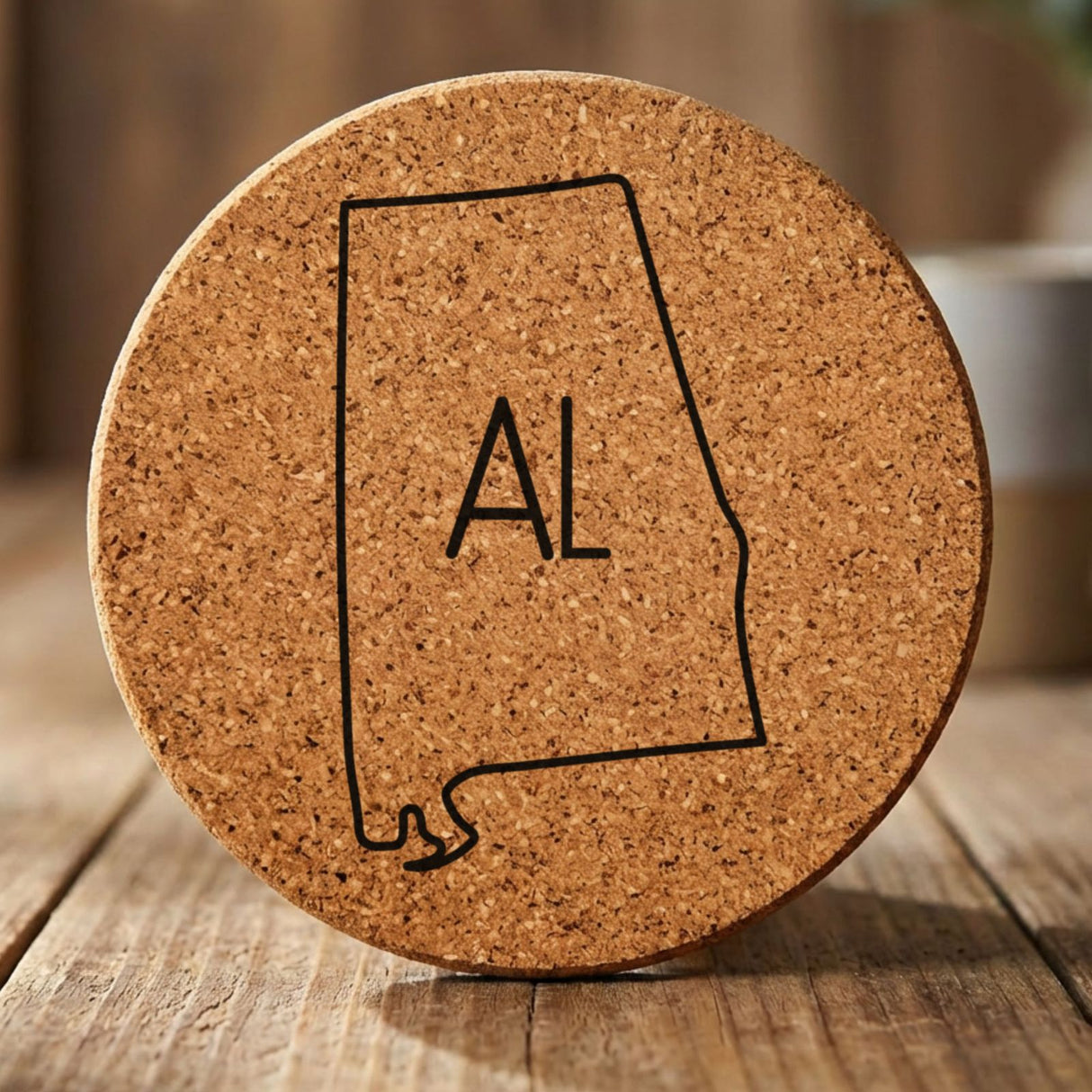Alabama round cork coaster engraved with the state outline and AL initials