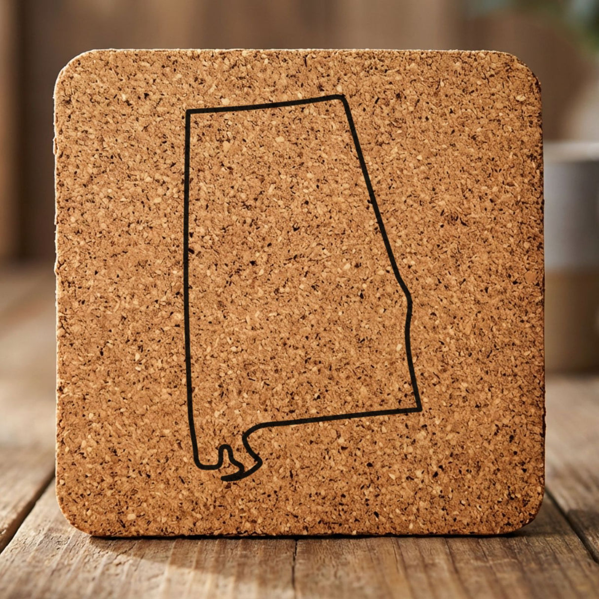 Alabama square cork coaster engraved with a clean state outline