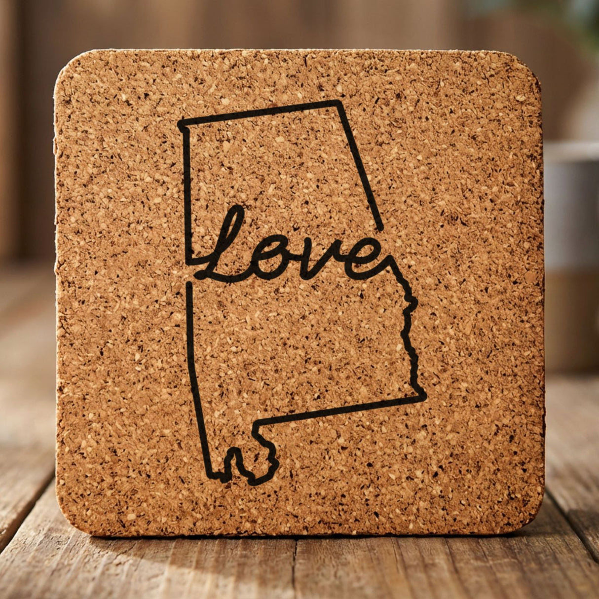 Alabama square cork coaster engraved with a hand-drawn state outline and love in cursive