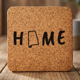 Alabama square cork coaster engraved with HOME using the state outline as the letter O