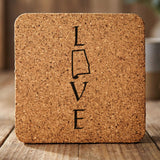 Alabama square cork coaster engraved with LOVE stacked vertically using the state as the letter O