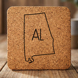 Alabama square cork coaster engraved with the state outline and AL initials