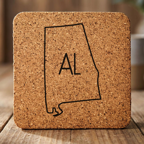 Alabama square cork coaster engraved with the state outline and AL initials