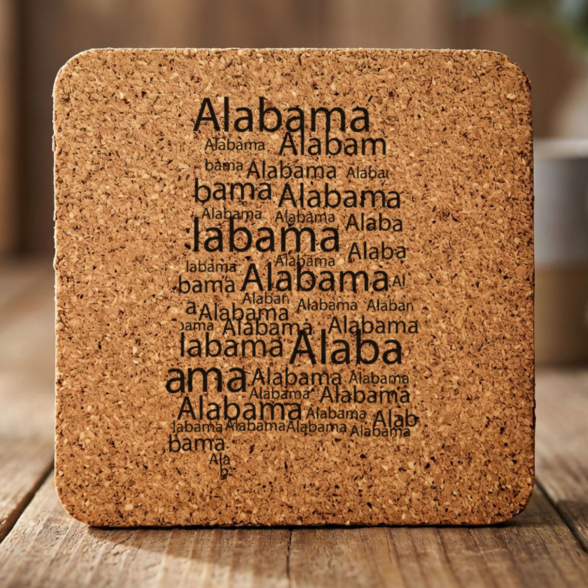 Alabama square cork coaster engraved with a word cloud of repeating Alabama text