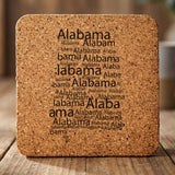 Alabama square cork coaster engraved with a word cloud of repeating Alabama text