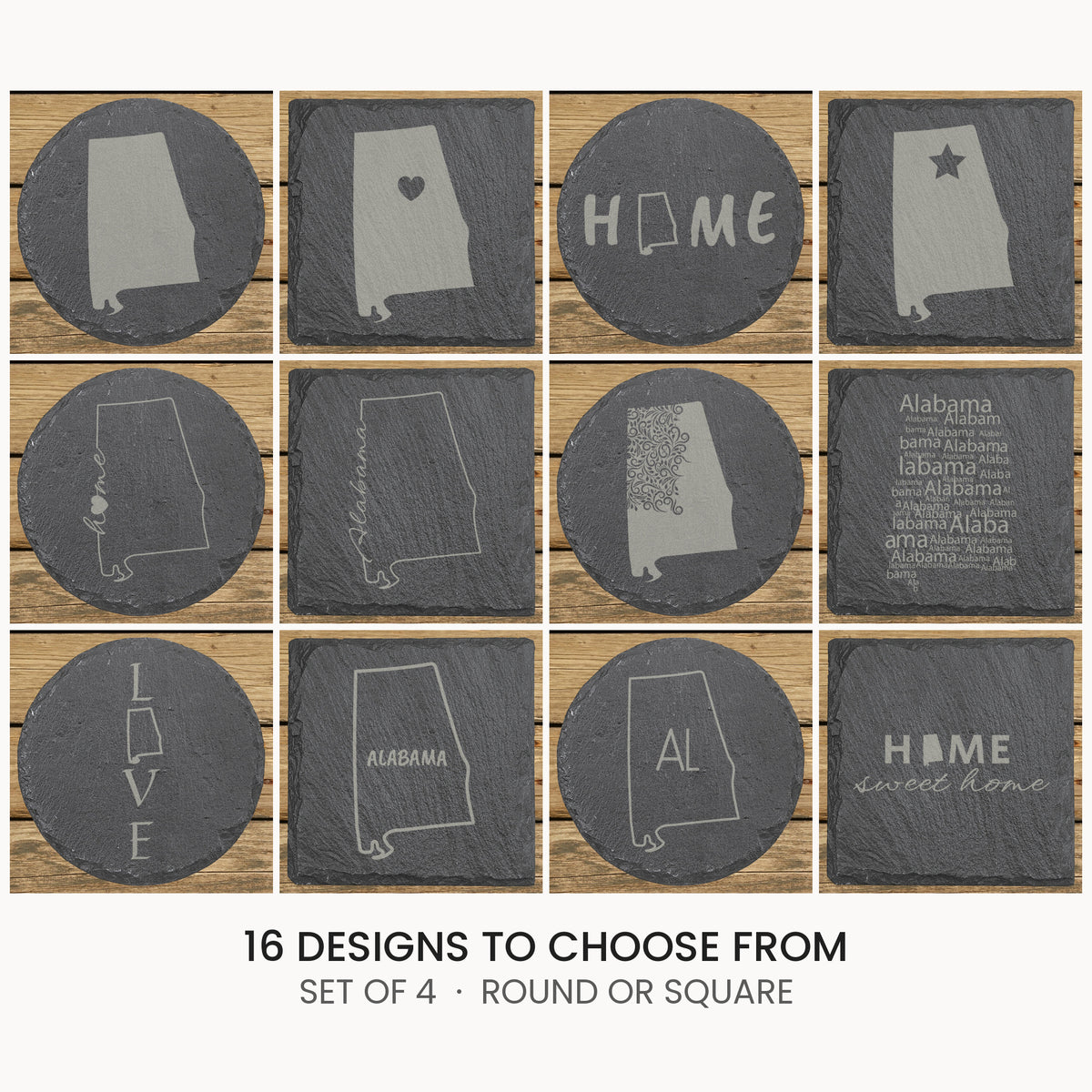 Alabama slate coaster set, laser engraved natural stone