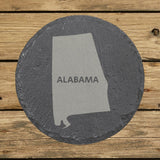 Alabama round slate coaster engraved with the state shape and ALABAMA in bold lettering