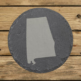 Alabama round slate coaster with the full state shape engraved