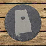 Alabama round slate coaster engraved with the state shape and a heart