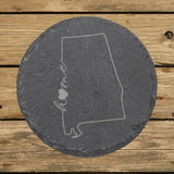Alabama round slate coaster engraved with the state outline and home in script with a heart