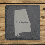 Alabama square slate coaster engraved with the state shape and ALABAMA in bold lettering