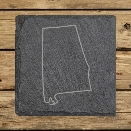 Alabama square slate coaster engraved with a clean state outline