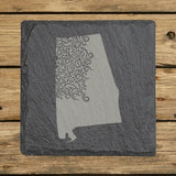 Alabama square slate coaster engraved with the state shape in ornate floral scrollwork