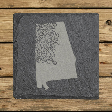 Alabama square slate coaster engraved with the state shape in ornate floral scrollwork