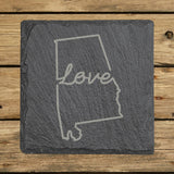 Alabama square slate coaster engraved with a hand-drawn state outline and love in cursive