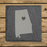 Alabama square slate coaster engraved with the state shape and a heart