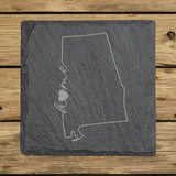 Alabama square slate coaster engraved with the state outline and home in script with a heart