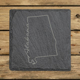 Alabama square slate coaster engraved with the state outline and Alabama in script lettering